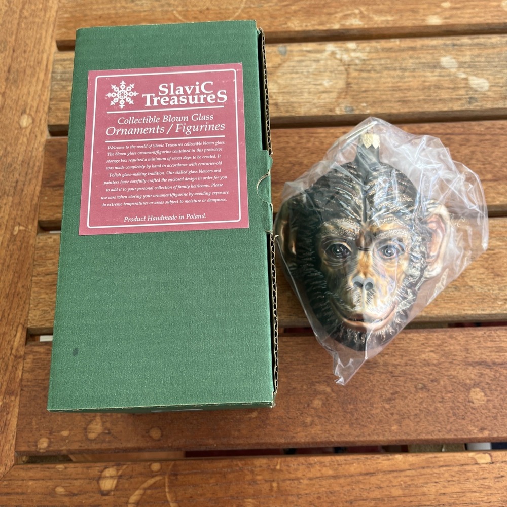 HANDMADE 6" Chimp Head - Chimpanzee Slavic Treasures Poland Hand Blown‎ Ornament